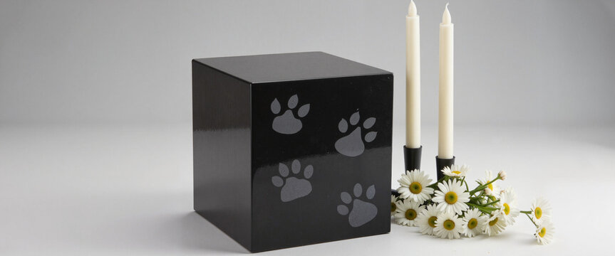 Elegant stone pet urn with candles and daisies, honoring memories
