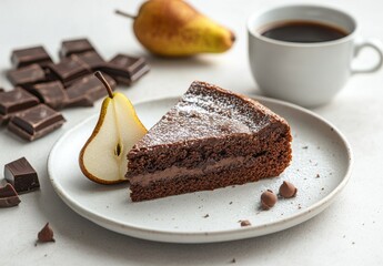 Delicious Chocolate Cake Slice Garnished with Pear and Served with Coffee on a Minimalist Plate