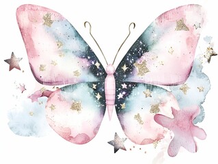 Butterfly watercolor art beautiful creative concept. A whimsical watercolor butterfly design with stars and pastel colors.