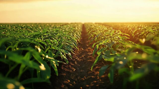 Rows of thriving potato plants stretch across a lush field as the sun sets, creating a warm, golden ambiance. The tranquility of nature is palpable in this serene landscape.
