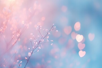 Delicate Pink and Blue Flowers with Heart Bokeh Background