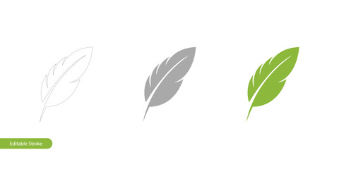 Feather Icon in Three Styles: Editable Stroke Outline, Filled, and Flat Color. Isolated on White Background, Vector Illustration