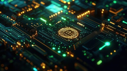 Fototapeta premium A close-up of a cyber circuit board with engraved gold crypto symbols