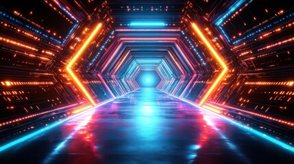 Obraz premium Futuristic Neon Tunnel with Colorful Lights and Reflections Creating an Electric Atmosphere