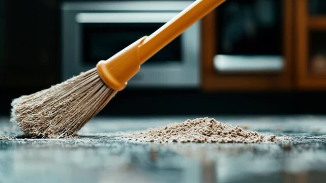 Close-up of a broom sweeping dust on a floor, highlighting cleaning action with dust particles in motion against a dark background.