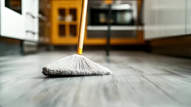 Close-up of a mop cleaning a wooden kitchen floor, demonstrating household cleaning in a modern kitchen interior with light reflections and dust particles.