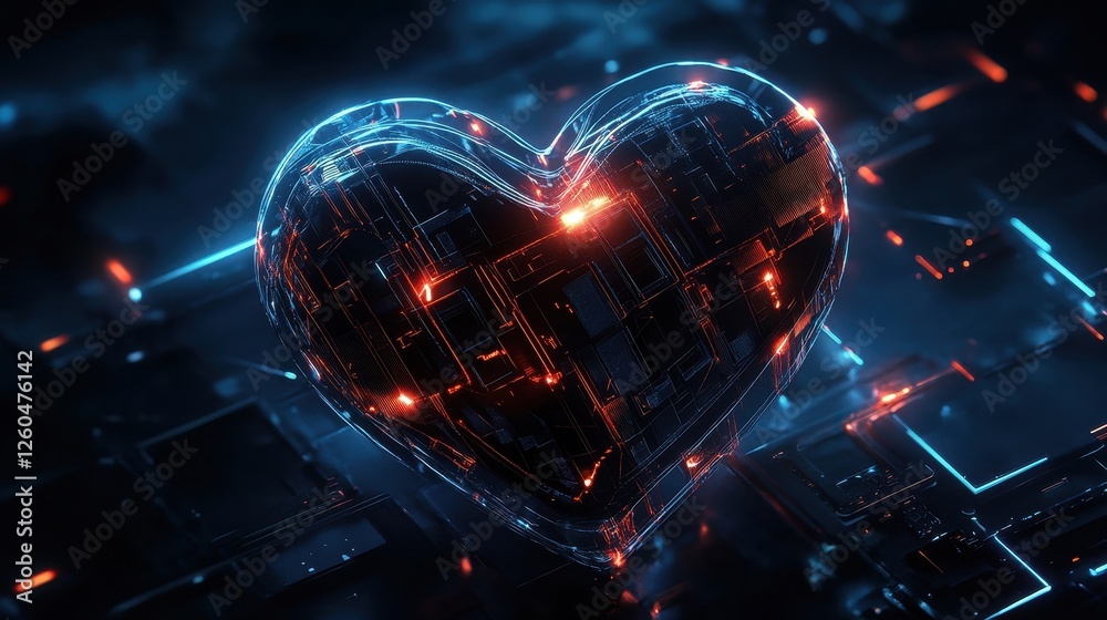 Poster glowing digital heart on circuit board background