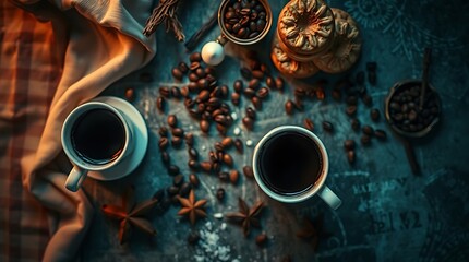 Top view of cups of coffee, coffee beans, cookies and spices on table