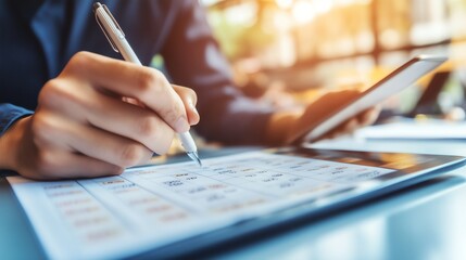 Business manager planning events on a digital calendar, focusing on organization, reminders, and efficient management in a professional office.