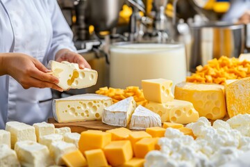 Food manufacturing workers process and package milk and cheese products in a dairy plant with large stainless steel equipment