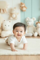 Curious Asian baby exploring a cozy minimalist nursery with pastel decor and soft toys on a sunny day