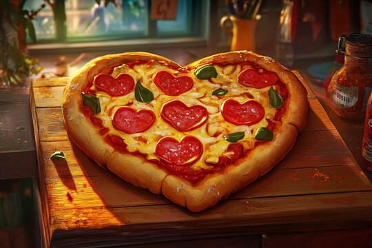 Heart Shaped Pepperoni Pizza on Wooden Board - Powered by Adobe