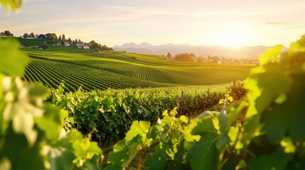 Fototapeta premium A picturesque vineyard scene under a golden sunset, showcasing lush green grapevines stretching toward soft hills, reflecting the beauty of nature and the serenity of rural life.