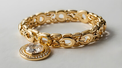 Gold Bracelet with Cubic Zirconia: An elegant gold bracelet featuring an intricate chain design and a dazzling cubic zirconia pendant.
