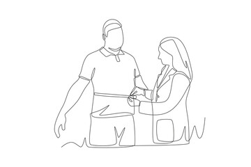 The doctor measures the width of the father's body. Measuring a patient's height weight waist concept one-line drawing