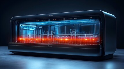 Futuristic dishwashing machine, interior view, illuminated