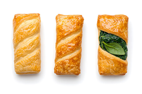 Puff pastry with spinach, top view, isolated on white backdrop
