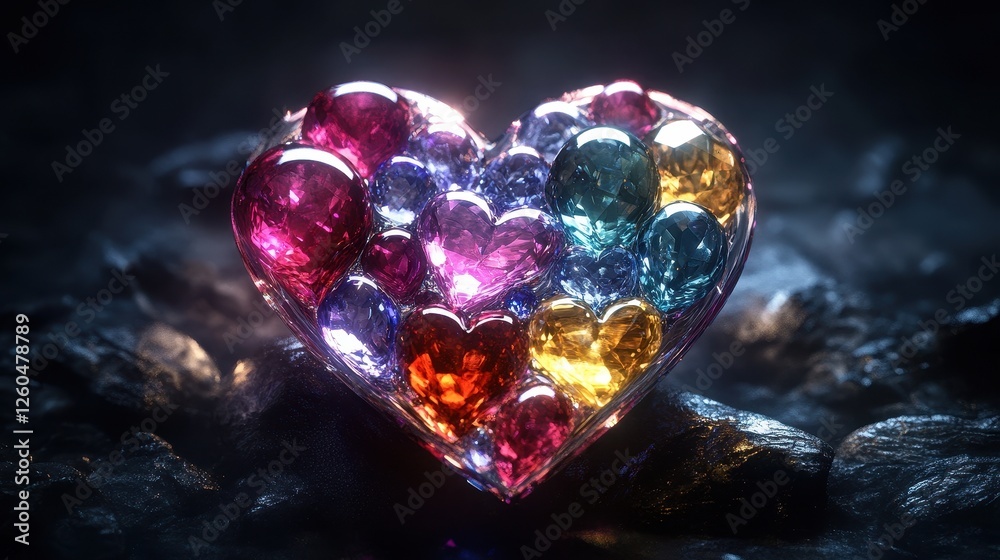 Poster luminous gemstone heart in dark setting