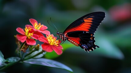 A vibrant butterfly gracefully lands on a bright red flower, showcasing the beauty of nature and the delicate relationship between flora and fauna in a serene garden setting.