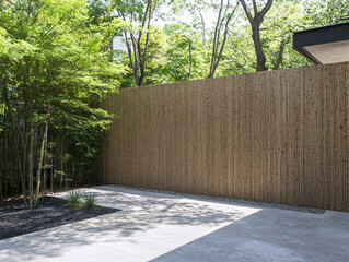 serene outdoor space featuring bamboo wall for privacy, surrounded by lush greenery and minimalist concrete floor. This tranquil setting invites relaxation and peace