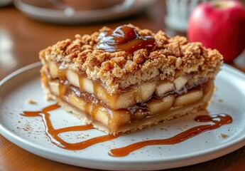 Delicious homemade apple crumble dessert with a caramel drizzle on a rustic wooden table setting, featuring fresh apples in the background ready for a treat.