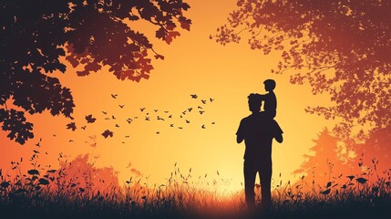 Flat Silhouette Illustration of a Father Carrying His Son on His Shoulders at Sunset