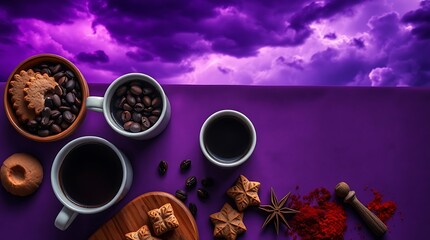 Top view of cups of coffee, coffee beans, cookies and spices on table