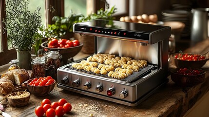 Kitchen appliance cooking pasta.  Modern cooking station with pasta.  Useful for product demonstration