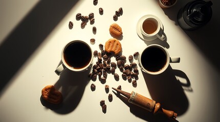 Top view of cups of coffee, coffee beans, cookies and spices on table