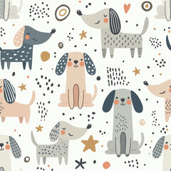 Seamless pattern with stylized cute dogs, stars, and abstract elements, isolated on white background.