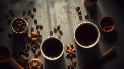 Top view of cups of coffee, coffee beans, cookies and spices on table