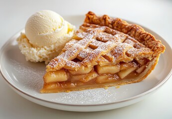 Delicious homemade apple pie slice with flaky crust, served warm alongside a scoop of creamy vanilla ice cream, topped with powdered sugar