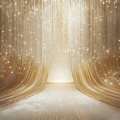 Golden and white background, party event backdrop with sparkle and glitters, decorative stage light from the floor, golden or white shades, hyper-realistic.