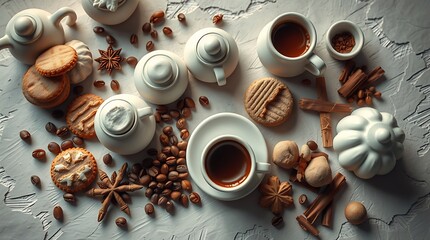 Top view of cups of coffee, coffee beans, cookies and spices on table