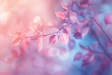 Fototapeta premium Pastel Pink And Blue Spring Leaves Branch Soft Light Background
