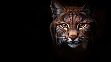 Obraz premium A captivating close-up of a lynx with piercing amber eyes, showcasing its unique fur pattern against a dark background, emphasizing its natural beauty and wild spirit.