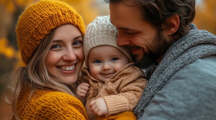 Obraz premium Loving parents holding their baby in the park, embracing precious family moments and enjoying peaceful relaxation in a natural outdoor setting.