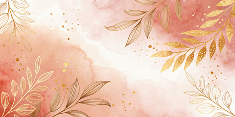 Elegant watercolor splash background with soft pink and peach tones, accented by delicate gold foil leaves or flowers