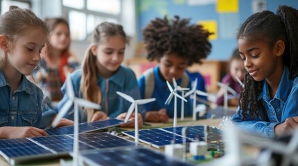 A Group of Elementary School Students Working on a Science Project with Solar Panels and Wind Turbines