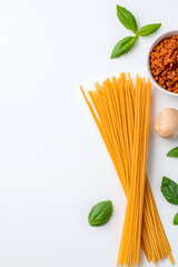 Top view raw spaghetti isolated on white background