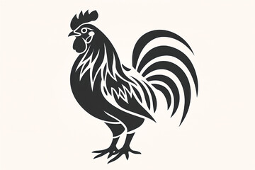 Stylized rooster silhouette in black and white, showcasing bold lines and graceful curves in design.