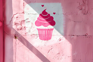 Pink cupcake graffiti on a textured wall, decorated with heart symbols, casting dramatic shadows.