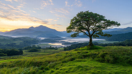 Obraz premium Majestic oak tree overlooking tranquil valley at sunrise in the mountains