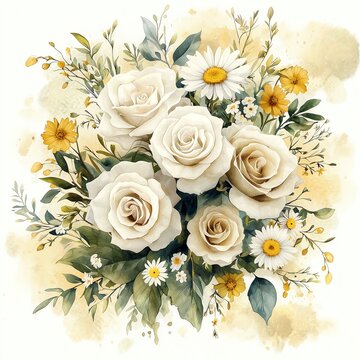 Elegant Watercolor Illustration of a Bridal Bouquet with White Roses, Austoma, and Yellow Daisies