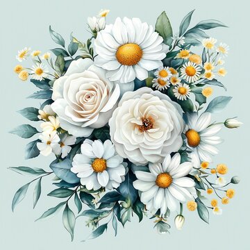 Elegant Watercolor Illustration of a Bridal Bouquet with White Roses, Austoma, and Yellow Daisies