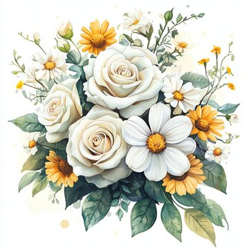 Elegant Watercolor Illustration of a Bridal Bouquet with White Roses, Austoma, and Yellow Daisies