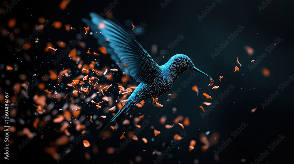 Poster cybernetic hummingbird with holographic body flaps its wings amidst swirl of orange petals, creating