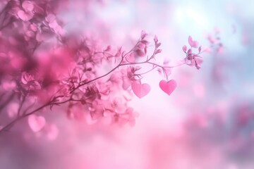 Fototapeta premium Pink Blossom Branch with Hanging Heart Shapes