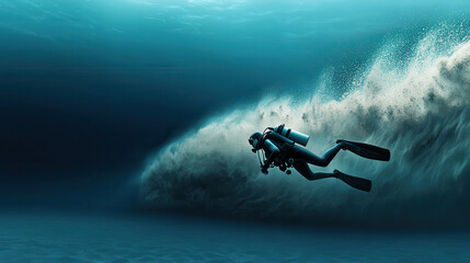 diver swims gracefully above sandy ocean floor, creating stunning underwater scene. play of light and water adds to serene atmosphere of deep sea