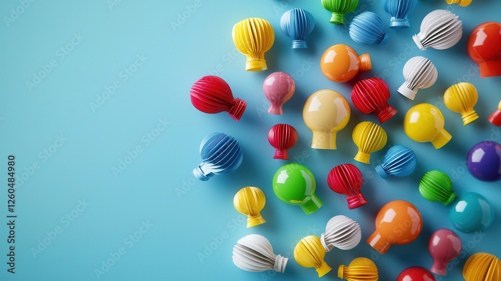 Aufkleber Colorful decorative objects arranged on blue background create vibrant and playful atmosphere. These items showcase various shapes and sizes, enhancing visual appeal